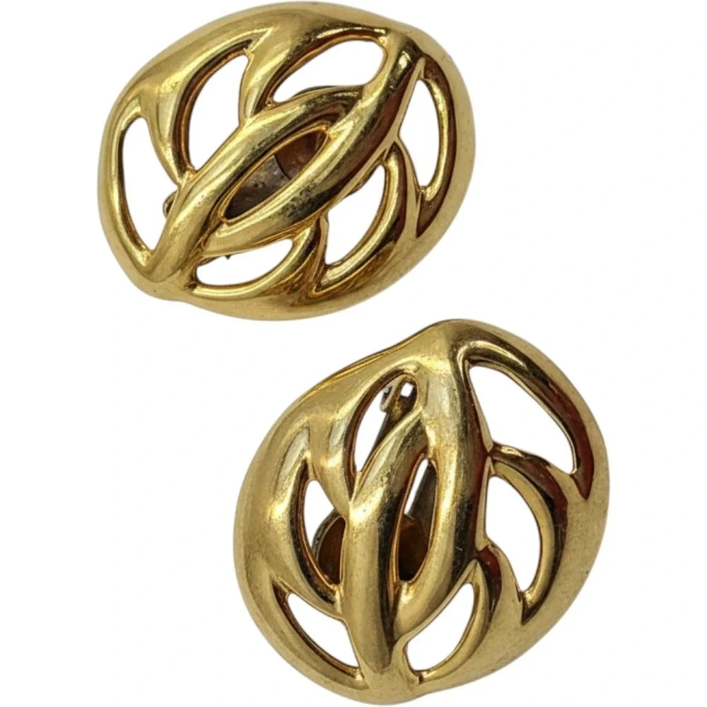 Vintage Gold Tone Abstract Openwork Oval Clip On Earrings Statement Jewelry